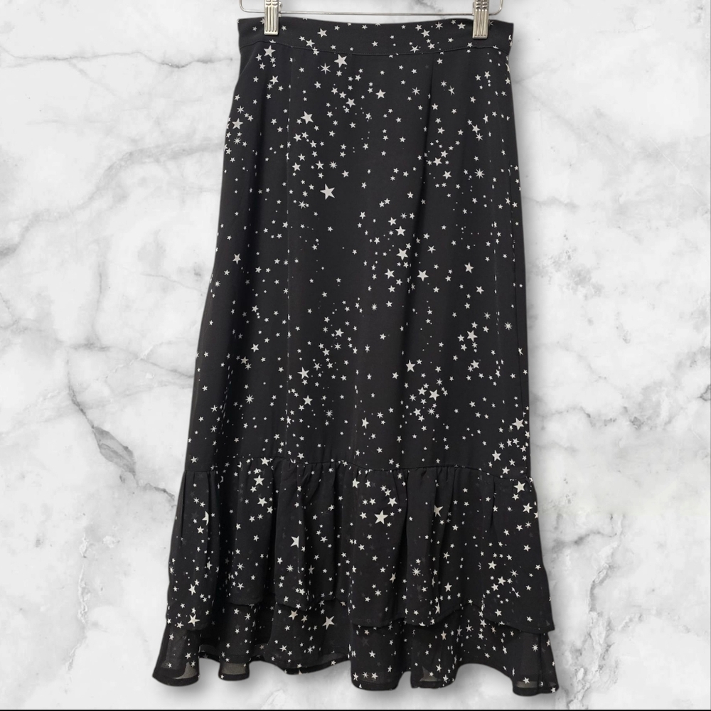 Chiffon‎ Star Print Tiered Midi Skirt Black White Size Small - Picture 2 of 8